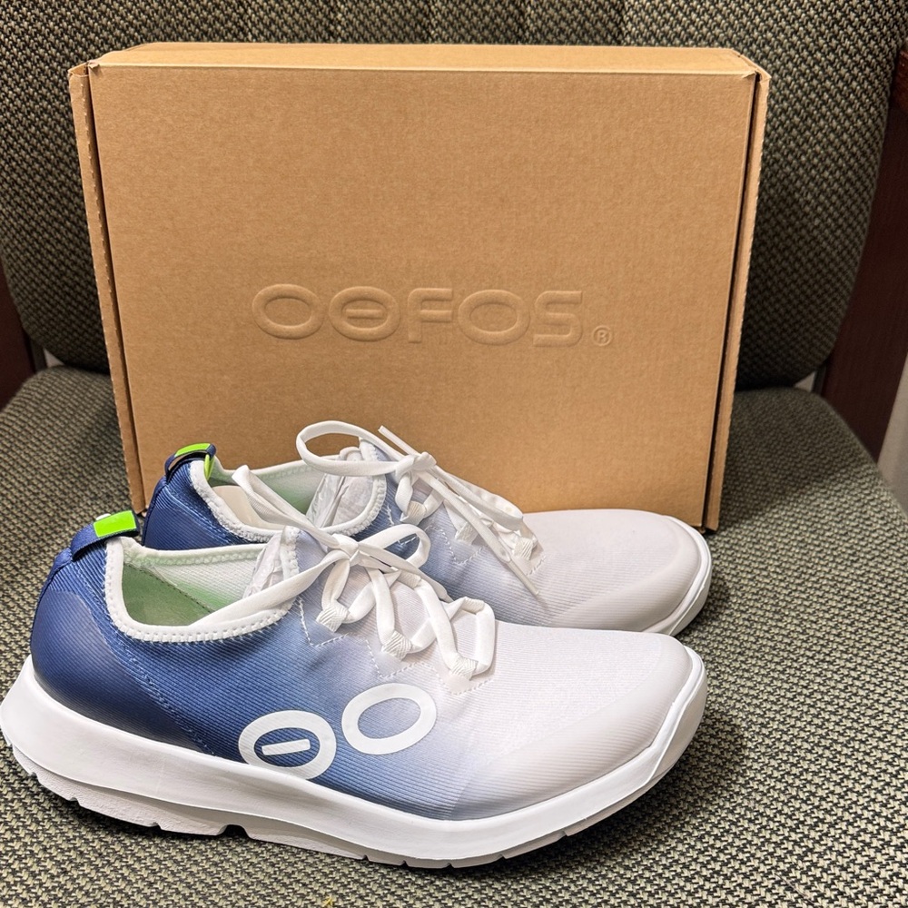 OOFOS White and Navy Athletic Shoes